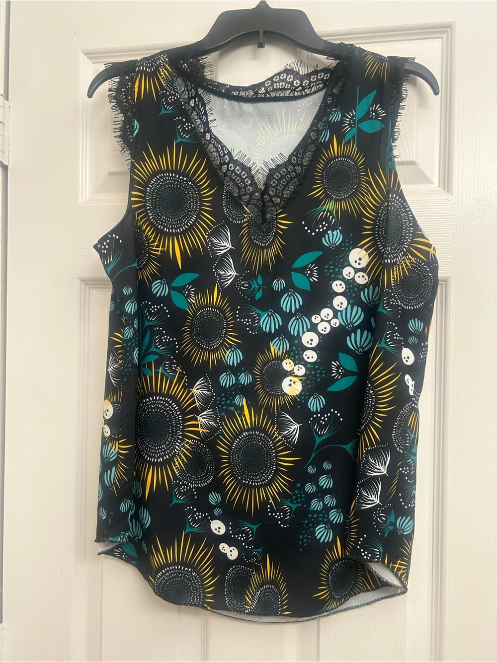 Sleeveless Black Floral Lace-Trim Tank Top - Teal & Mustard